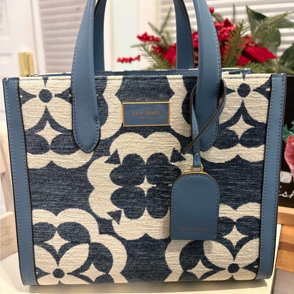 Kate Spade Blue Manhattan Monogram Tote Blue and Cream Floral Chenille - Picture 2 of 9